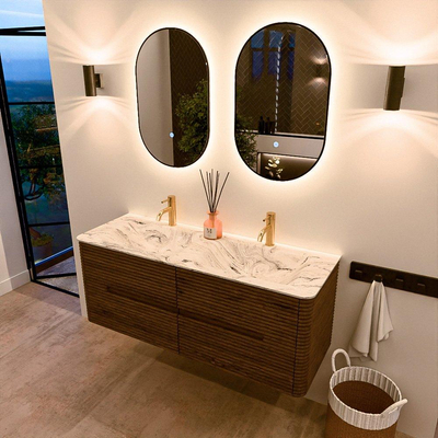 Mondiaz CIRO-DLUX Ensemble de meubles de salle de bains - 130x45x50cm - Plan vasque solid surface Glace - 2 vasques double - 2 trous de robinet - 4 tiroirs - Dusk