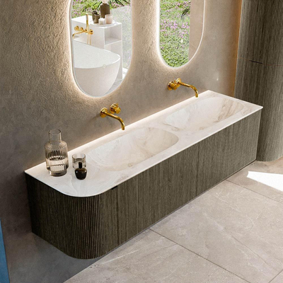 Ensemble de meuble de salle de bain Mondiaz KURVE-DLUX - 165x46x40cm - 2 tiroirs - 1 porte - lavabo en solid surface - double / droite - sans trou de robinet - Shadow