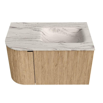 MONDIAZ KURVE-DLUX Meuble de salle de bains 75cm arrondi à gauche couleur chêne avec 1 tiroir et 1 porte. Lavabo GRUNNE à droite 1 trou de robinet Nata.