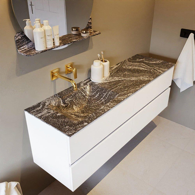 Mondiaz VICA-DLUX ensemble de meuble de salle de bain - 150cm - meuble sous lavabo talc - 4 tiroirs - lavabo encastré cloud gauche - sans trous de robinet - miroir modèle spot - version XL 60cm haut - lave