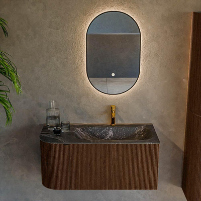 MONDIAZ KURVE-DLUX 95cm badmeubel met module 25 L kleur Walnut met 1 lade en 1 deur. Wastafel BIG SMALL rechts 1 kraangat kleur Lava.