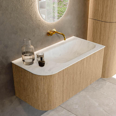 MONDIAZ KURVE-DLUX 95cm Meuble salle de bain avec module 25 G - couleur Oak - 1 tiroir - 1 porte - vasque BIG SMALL droite - sans trou de robinet - couleur Opalo