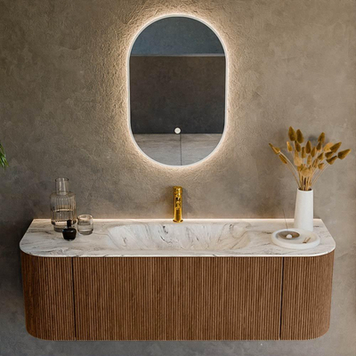 MONDIAZ KURVE-DLUX 140cm Meuble salle de bain avec module 25 G et D - couleur Walnut - 1 tiroir - 2 portes - vasque BIG SMALL centre - 1 trou de robinet - couleur Glace