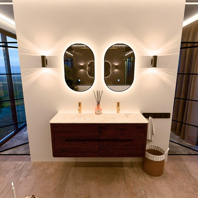 Mondiaz CIRO-DLUX Badkamermeubelset - 130x45x50cm - Solid surface wastafel Ostra - 2 wasbak Dubbel - 2 kraangaten - 4 lades - Ruby