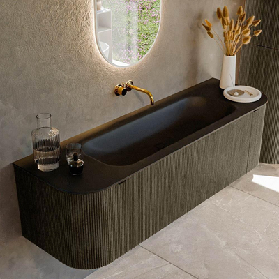 Ensemble de meuble salle de bain Mondiaz KURVE - 150x46x40cm - 1 tiroir - 2 portes - lavabo en solid surface - milieu - sans trou de robinet - Shadow