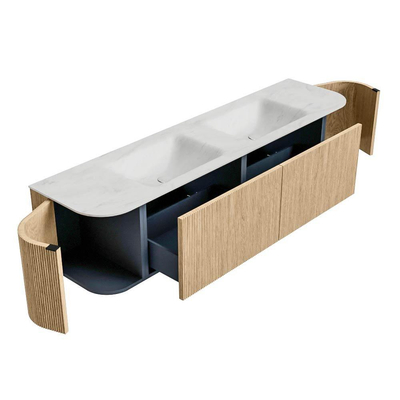 MONDIAZ KURVE-DLUX meuble de salle de bains 180cm avec module 25 Len R couleur Oak avec 2 tiroirs et 2 portes. Lavabo LEAF double sans trou de robinet couleur Opalo.