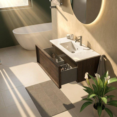 Saniclass Holz Frame Ensemble meuble de salle de bains - 100x45x42cm - Lavabo Vygo en céramique blanc - 1 vasque - 1 trou de robinetterie - 1 tiroir - chêne charcoal mat (bois)