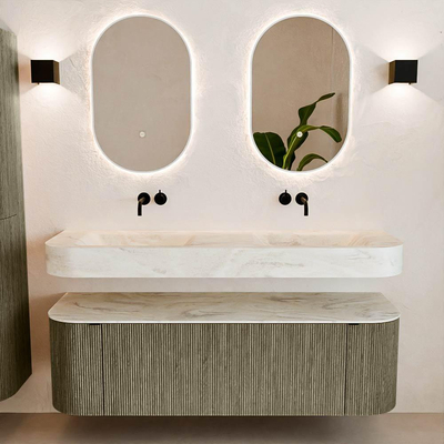 MONDIAZ THOR-DLUX 150cm meuble de salle de bains arrondi gauche + droite couleur Shadow avec 1 tiroir et 2 portes. Vasque suspendue CLOUD Double sans trou de robinet couleur Ostra.