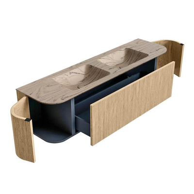 MONDIAZ KURVE-DLUX 170cm badmeubel ronding Links + Rechts kleur Oak met 1 lade en 2 deuren. Wastafel LEAF Dubbel zonder kraangat Arena.