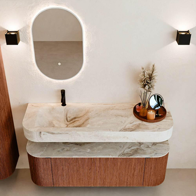 MONDIAZ THOR-DLUX 140cm meuble de salle de bains arrondi gauche + droite couleur Ruby avec 1 tiroir et 2 portes. Vasque suspendue CLOUD Gauche 1 trou de robinet couleur Frappe.