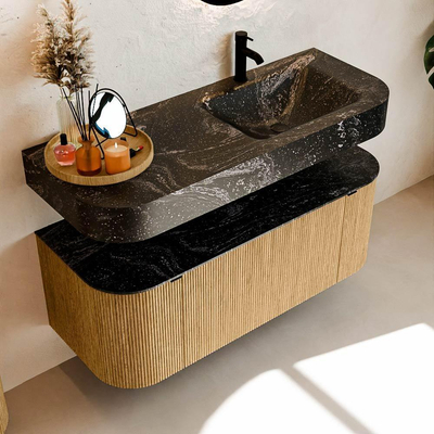 MONDIAZ THOR-DLUX 120cm meuble de salle de bains arrondi gauche + droite couleur Oak avec 1 tiroir et 2 portes. Vasque suspendue CLOUD droite 1 trou de robinet couleur Lava.