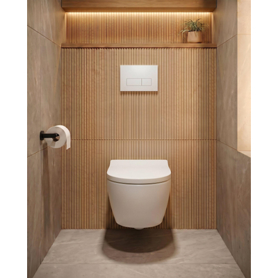 QeramiQ Dely Swirl Ensemble WC - 36.3x51.7cm - Réservoir encastré Geberit UP320 - Abattant de 35mm d'épaisseur - Plaque de commande blanche brillante - Boutons rectangulaires - Blanc mat