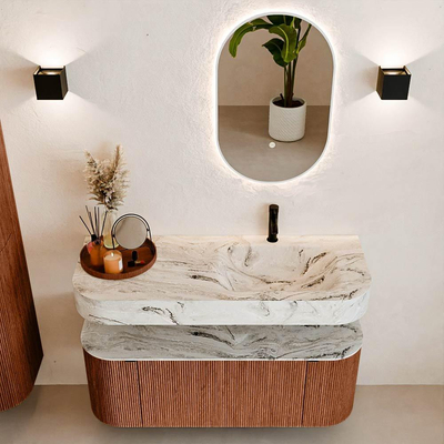 MONDIAZ THOR-DLUX 120cm badmeubel ronding links + rechts kleur Ruby met 1 lade en 2 deuren. Vrijhangende wastafel CLOUD Rechts 1 kraangat kleur Glace.