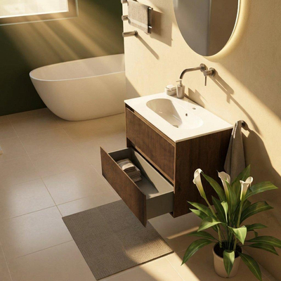 Saniclass Holz Atelier Ensemble de meubles de salle de bains - 80x45x73.9cm - Chaci lavabo en céramique blanc - 1 vasque - sans trou de robinet - 2 tiroirs - chêne charcoal mat (bois)