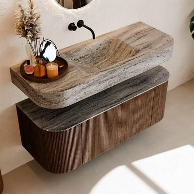 MONDIAZ THOR-DLUX 120cm badmeubel ronding links + rechts kleur Walnut met 1 lade en 2 deuren. Vrijhangende wastafel CLOUD Midden zonder kraangat kleur Oza.