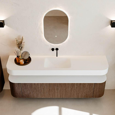 MONDIAZ THOR 190cm meuble de salle de bains arrondi gauche + droite couleur Walnut avec 2 tiroirs et 2 portes. Vasque suspendue CLOUD Milieu sans trou de robinet couleur Talc.