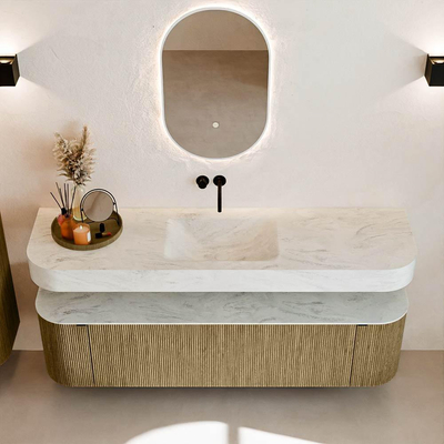 MONDIAZ THOR-DLUX Meuble de salle de bains - 170cm - arrondi gauche + droite - couleur Dusk - 1 tiroir - 2 portes - Vasque suspendue CLOUD Milieu sans trou de robinet - couleur Opalo