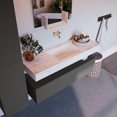 Mondiaz ALAN-DLUX Ensemble de meuble - 130cm - meuble Dark grey mat - 1 tiroir - Lavabo Cloud Ostra suspendu - vasque Centre - 0 trous de robinet