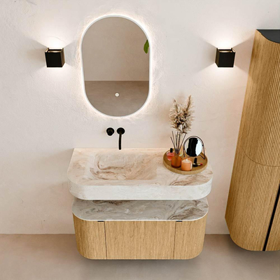 MONDIAZ THOR-DLUX 100cm badmeubel ronding links + rechts kleur Oak met 1 lade en 2 deuren. Vrijhangende wastafel CLOUD Links zonder kraangat kleur Frappe.