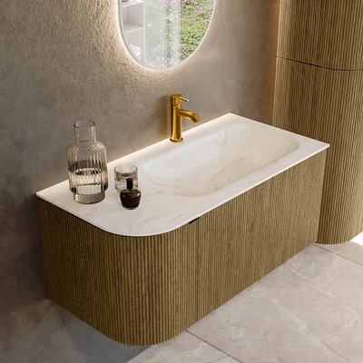 Mondiaz KURVE-DLUX Badkamermeubelset - 95x46x40cm - 1 lade - 1 deur - wastafel solid surface - rechts - 1 kraangat - Dusk