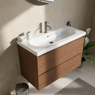 Saniclass Holz Pure Ensemble de meubles de salle de bains - 100x45x63.5cm - lavabo en céramique Palermo blanc - 1 vasque - 1 trou de robinet - 2 tiroirs - walnut pure mat (bois)