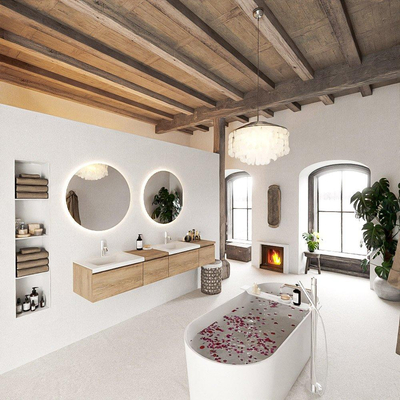 MONDIAZ BUKLA 200cm ensemble de meuble avec module 40 gauche couleur Chêne blanchi avec 4 tiroirs. Lavabo CLOUD double 2 trous de robinet couleur Talc.