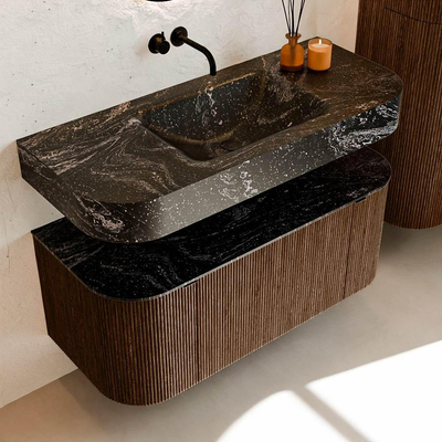 MONDIAZ THOR-DLUX 110cm badmeubel ronding links + rechts kleur Walnut met 1 lade en 2 deuren. Vrijhangende wastafel CLOUD Midden zonder kraangat kleur Lava.
