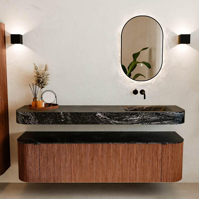 MONDIAZ THOR-DLUX 170cm meuble de salle de bains arrondi gauche + droite couleur Ruby avec 1 tiroir et 2 portes. Vasque suspendue CLOUD droite sans trou de robinet couleur Lava.