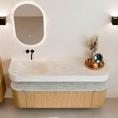 MONDIAZ THOR-DLUX 160cm badmeubel ronding links + rechts kleur Oak met 1 lade en 2 deuren. Vrijhangende wastafel CLOUD Links zonder kraangat kleur Opalo.