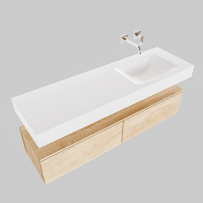 MONDIAZ ALAN 150cm - meuble bas - chêne vieilli - 2 tiroirs - lavabo suspendu - vasque à droite - 0 trous de robinet - talc