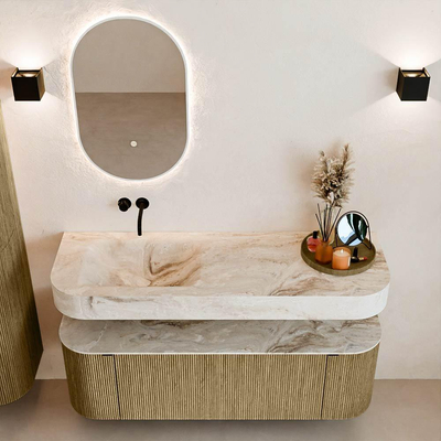 MONDIAZ THOR-DLUX 140cm meuble de salle de bains arrondi gauche + droite couleur Dusk avec 1 tiroir et 2 portes. Vasque suspendue CLOUD gauche sans trou de robinet couleur Frappe.