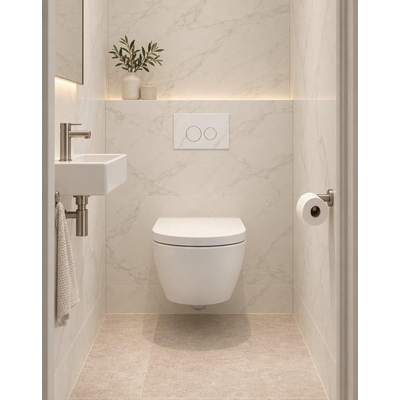 QeramiQ Dely Swirl Compact Toiletset - inbouwreservoir Geberit UP320 - met Burda frame - 25mm zitting - natuurstenen bedieningsplaat marmer wit - ronde knoppen - mat wit