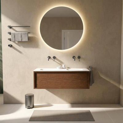 Saniclass Holz Frame Ensemble meuble de salle de bains - 120x45x41.5cm - Vasque Flow en solid surface blanc - 2 vasques - sans trous de robinet - 1 tiroir - walnut pure mat (bois)