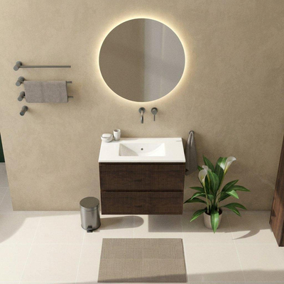 Saniclass Holz Atelier Ensemble de meubles de salle de bains - 80x45x62cm - Vygo lavabo en céramique blanc - 1 vasque - sans trou de robinet - 2 tiroirs - chêne charcoal mat (bois)