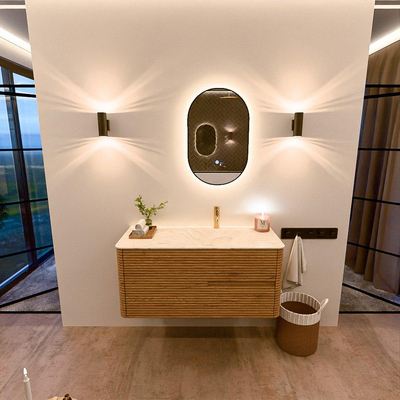 Mondiaz CIRO-DLUX Ensemble de meuble de salle de bains - 110x45x50cm - lavabo solid surface Ostra - 1 vasque à droite - 1 trou de robinet - 2 tiroirs - Chêne