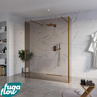 FugaFlow Eccelente Vetro Douche à l'italienne libre - 160x200cm - Verre fumé - anti-calcaire - verre de sécurité 8mm - 2 parois latérales 40cm - avec bras muraux et profils d'angle - Cuivre brossé -