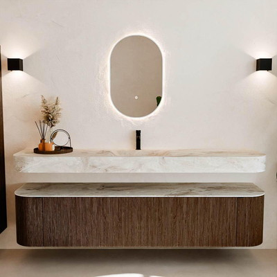 MONDIAZ THOR-DLUX 200cm badmeubel ronding links + rechts kleur Walnut met 2 lades en 2 deuren. Vrijhangende wastafel CLOUD Midden 1 kraangat kleur Frappe.