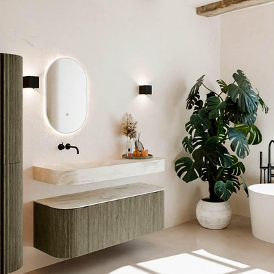 MONDIAZ THOR-DLUX Meuble de salle de bains 130cm arrondi gauche + droite couleur Shadow avec 1 tiroir et 2 portes. Vasque suspendue CLOUD Gauche sans trou de robinet couleur Ostra.