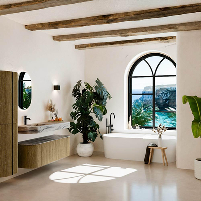 MONDIAZ THOR-DLUX 140cm meuble de salle de bains arrondi gauche + droite couleur Dusk avec 1 tiroir et 2 portes. Vasque suspendue CLOUD Gauche 1 trou de robinet couleur Sombra.