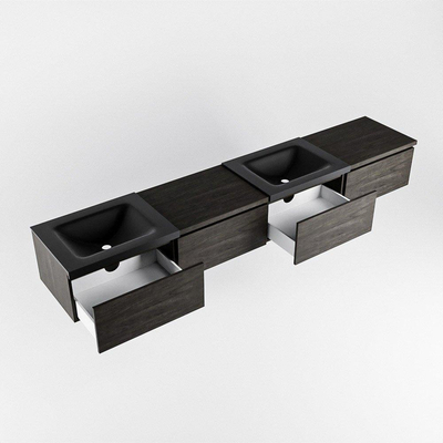 MONDIAZ BUKLA 240cm ensemble de meuble avec module 60 à droite couleur Marron Foncé avec 4 tiroirs. Lavabo CLOUD double 2 trous de robinet couleur Urban.