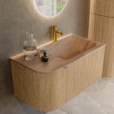 MONDIAZ KURVE-DLUX 85cm badmeubel ronding Links kleur Oak met 1 lade en 1 deur. Wastafel CLOUD Rechts 1 kraangat Saba.