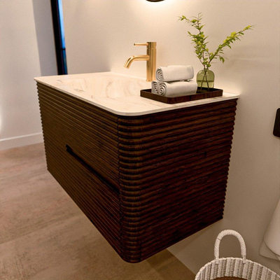 Mondiaz CIRO-DLUX Ensemble de meubles de salle de bains - 90x45x50cm - Lavabo solid surface Ostra - 1 vasque au milieu - 1 trou de robinet - 2 tiroirs - Noyer