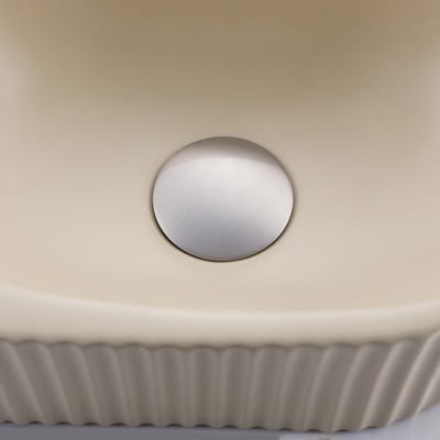 QeramiQ Fuente Ensemble de Lavabo - 40x21.5x12cm - strié - demi-rond - sans trou pour robinet - céramique - ensemble de robinet en acier inoxydable brossé - bouchon de vidange - siphon réduit - beige