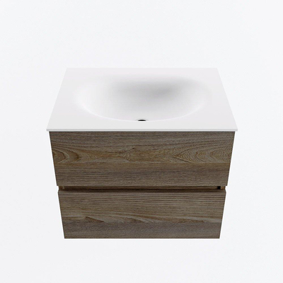 Mondiaz VICA ensemble de meuble de salle de bain - 60cm - meuble sous-vasque marron foncé gris - 2 tiroirs - lavabo lune milieu - sans trous de robinet - version haute de 60cm - talc