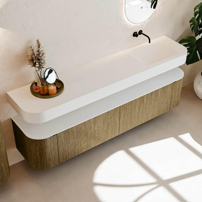 MONDIAZ THOR Meuble de salle de bains 200cm arrondi gauche + droite couleur Dusk avec 2 tiroirs et 2 portes. Vasque suspendue CLOUD Droite sans trou de robinet couleur Talc.