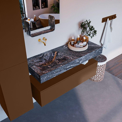 Mondiaz ALAN-DLUX Ensemble de meuble - 120cm - meuble Rust mat - 1 tiroir - Lavabo Cloud Lava suspendu - vasque Gauche - 0 trous de robinet