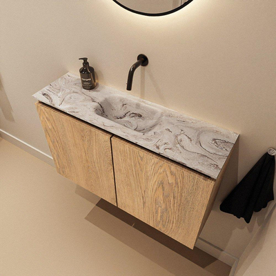 MONDIAZ TURE-DLUX Meuble toilette - 80cm - Washed Oak - EDEN - vasque Glace - position centrale - sans trou de robinet