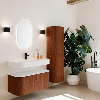 MONDIAZ THOR 100cm meuble de salle de bains arrondi gauche + droite couleur Ruby avec 1 tiroir et 2 portes. Vasque suspendue CLOUD Milieu 1 trou de robinet couleur Talc.