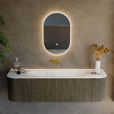 Ensemble de meuble de salle de bain Mondiaz KURVE - 160x46x40cm - 1 tiroir - 2 portes - lavabo en solid surface - milieu - sans trou de robinet - Shadow