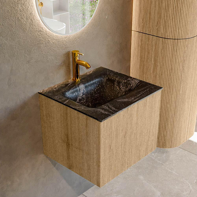 MONDIAZ KURVE-DLUX 50cm badmeubel kleur Oak met 1 lade. Wastafel GRUNNE midden 1 kraangat kleur Lava.